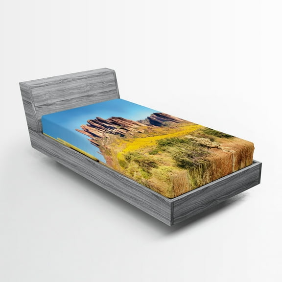 Ambesonne Landscape Fitted Sheet, Blooming Mountain, Twin Size, Orange and Brown