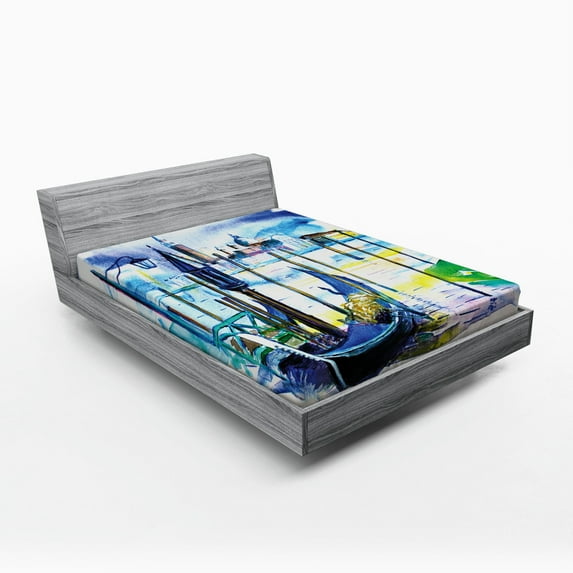 Ambesonne Landscape Fitted Sheet, Boat in Venice Italy, Full Size, Blue Purple Green