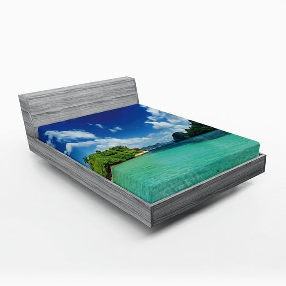 Ambesonne Landscape Fitted Sheet, Botanic Sea Mountain, Queen Size, Turquoise Blue Green