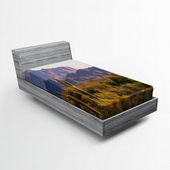 Ambesonne Landscape Fitted Sheet, Cactus Mountain in Spring, Twin Size, Brown Green