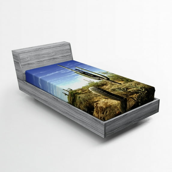 Ambesonne Landscape Fitted Sheet, Cactus Spined Leaves, Twin XL Size, Blue Green