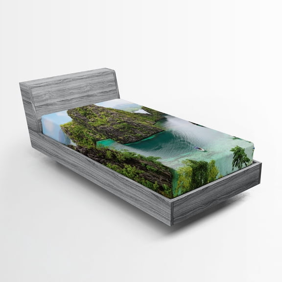 Ambesonne Landscape Fitted Sheet, Cliff in Philippines, Twin XL Size, Green Brown Blue