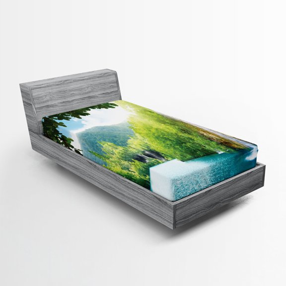 Ambesonne Landscape Fitted Sheet, Crotian Lake Forest, Twin XL Size, Green and Blue