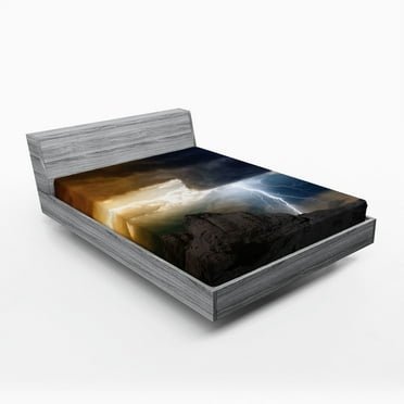 Ambesonne Landscape Fitted Sheet, Dark Clouds Mountain, Queen Size, Grey Orange