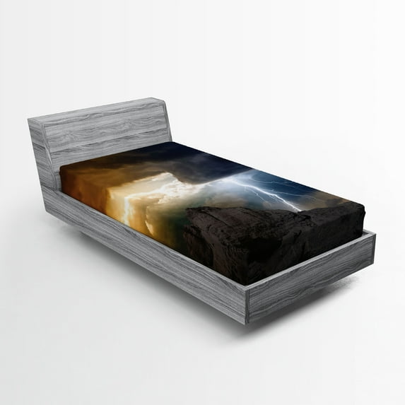 Ambesonne Landscape Fitted Sheet, Dark Clouds Mountain, Twin XL Size, Grey Orange