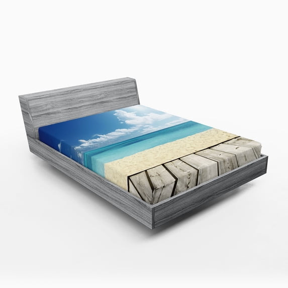 Ambesonne Landscape Fitted Sheet, Exotic Ocean Nautical, Full Size, Cream Turquoise White