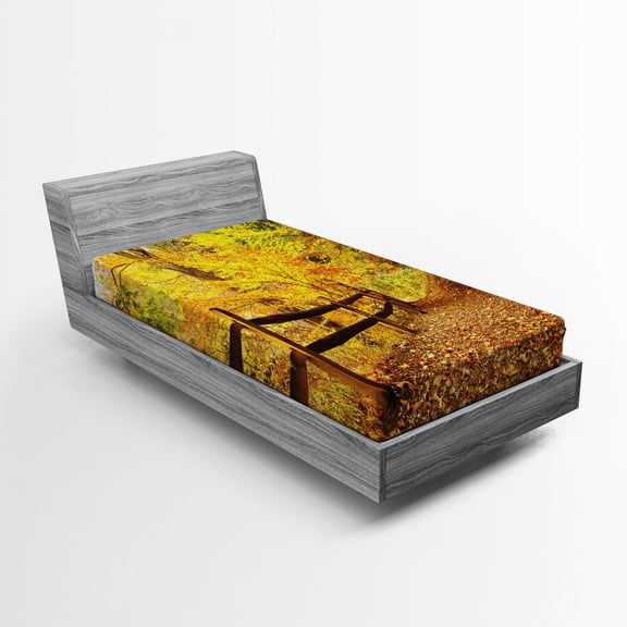 Ambesonne Landscape Fitted Sheet, Fall Trees Leaf Road, Twin XL Size, Ginger Yellow Marigold