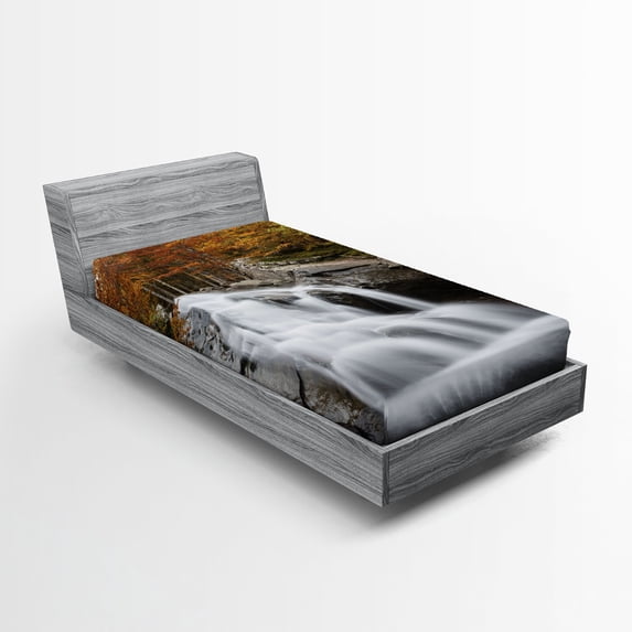 Ambesonne Landscape Fitted Sheet, Fall Trees with Lake, Twin XL Size, White Green and Orange
