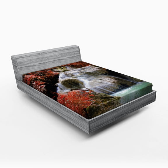 Ambesonne Landscape Fitted Sheet, Fall Trees with Rock, Full Size, Red White and Pale Brown