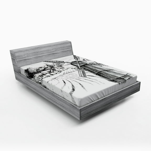 Ambesonne Landscape Fitted Sheet, Farm Town Houses Mill, Queen Size, Black White