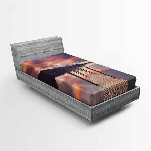 Ambesonne Landscape Fitted Sheet, Flooded Jetty England, Twin XL Size, Coral Purplegrey