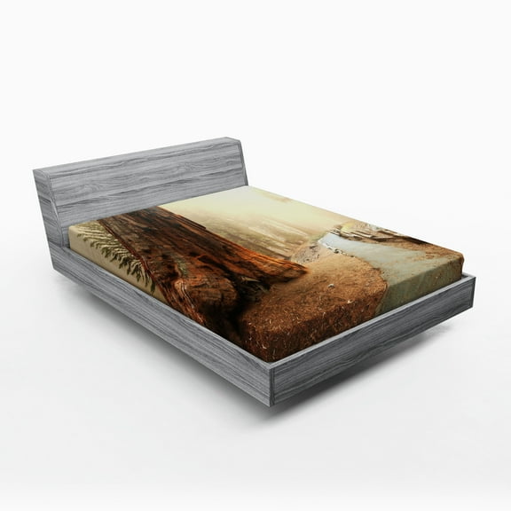 Ambesonne Landscape Fitted Sheet, Foggy Forest Woods, Full Size, Brown