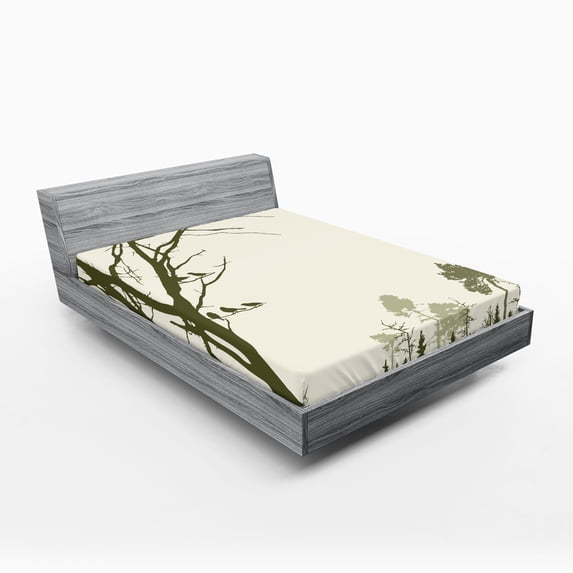 Ambesonne Landscape Fitted Sheet, Forest Birds on Tree, Full Size, Olive Green Cream