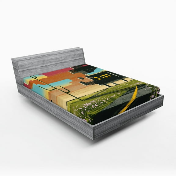 Ambesonne Landscape Fitted Sheet, Futuristic Paint, Queen Size, Multicolor