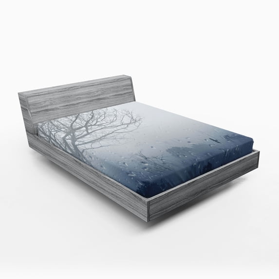Ambesonne Landscape Fitted Sheet, Idyllic Forest Rain View, Full Size, Dark Slate Blue Grey