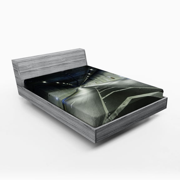 Ambesonne Landscape Fitted Sheet, Interior Urban Tunnel, Full Size, Navy Dark Blue and White