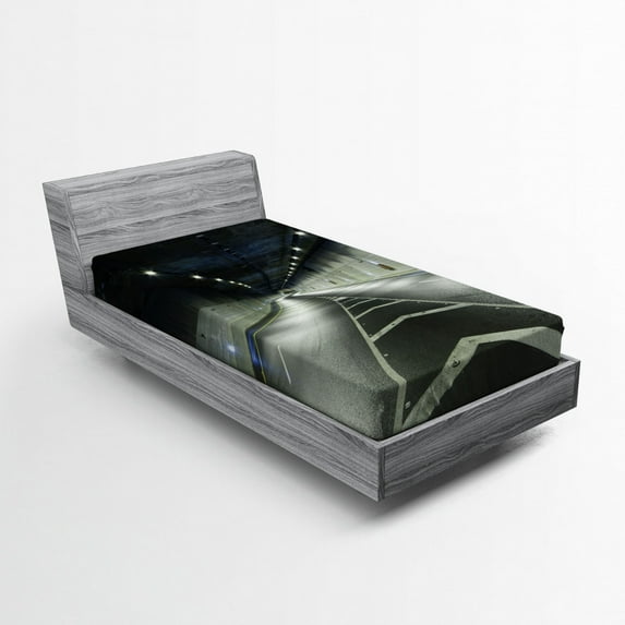 Ambesonne Landscape Fitted Sheet, Interior Urban Tunnel, Twin XL Size, Navy Dark Blue and White