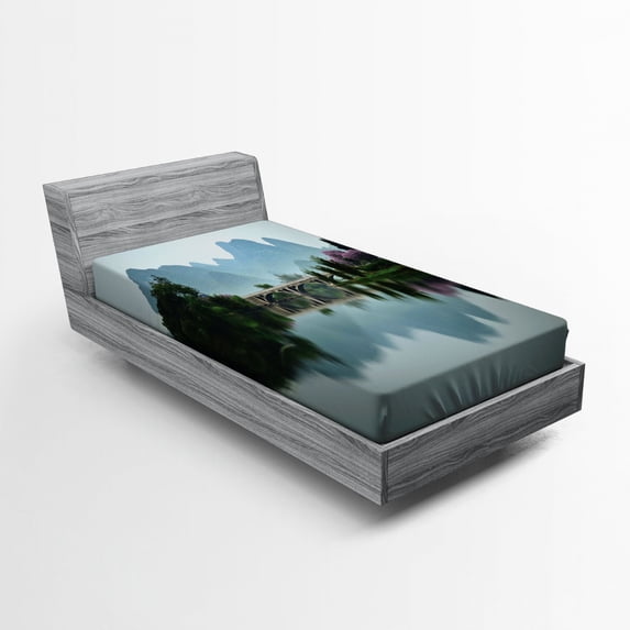 Ambesonne Landscape Fitted Sheet, Japanese Lake View, Twin Size, Multicolor