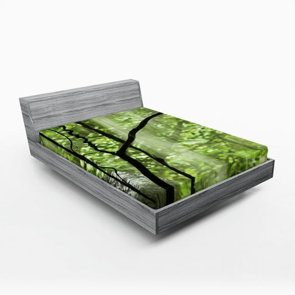 Ambesonne Landscape Fitted Sheet, Jungle Waterfall Tree, Full Size, Green Brown