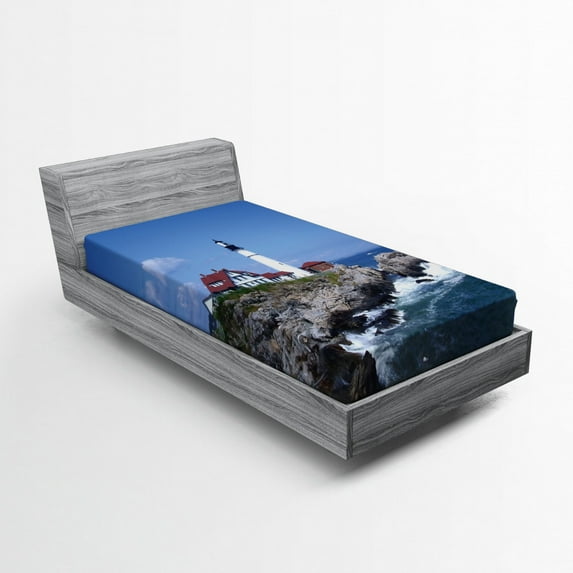 Ambesonne Landscape Fitted Sheet, Lighthouse House on Rock, Twin XL Size, Multicolor