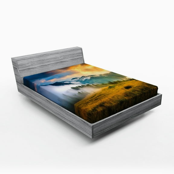 Ambesonne Landscape Fitted Sheet, Misty Mountaintops, Queen Size, Yellow Blue Green