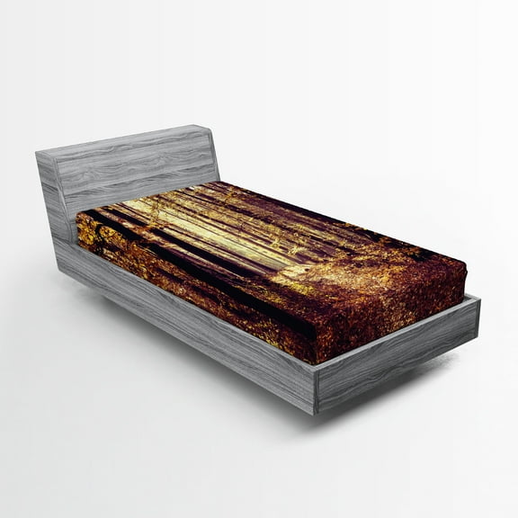 Ambesonne Landscape Fitted Sheet, Misty Weather Forest, Twin Size, Pale Yellow Dark Orange