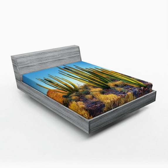Ambesonne Landscape Fitted Sheet, Mountain Cactus Photo, Full Size, Multicolor