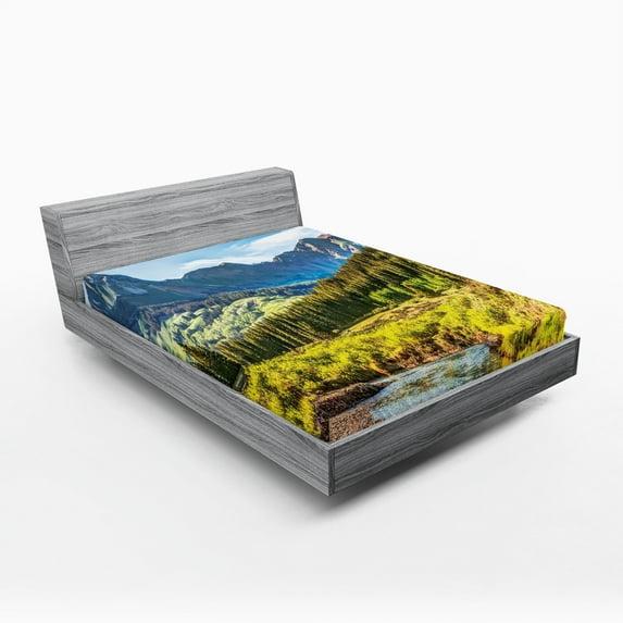Ambesonne Landscape Fitted Sheet, Mountain Forest River, Queen Size, Multicolor