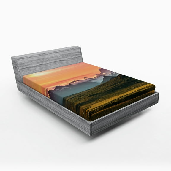 Ambesonne Landscape Fitted Sheet, Mountains and Sunset, Full Size, Multicolor