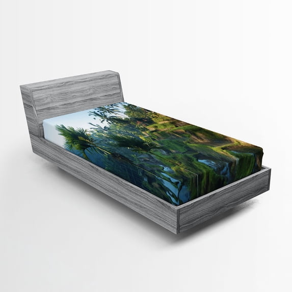 Ambesonne Landscape Fitted Sheet, Palm Trees Morning, Twin XL Size, Green