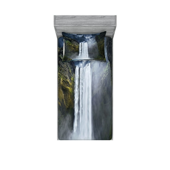 Ambesonne Landscape Fitted Sheet & Pillow Sham Set, America Cliffs Scene, Twin, Green Blue White