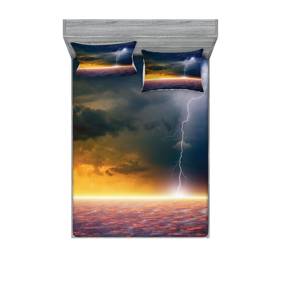 Ambesonne Landscape Fitted Sheet & Pillow Sham Set, Apocalyptic Sky View, Queen, Orange and Blue