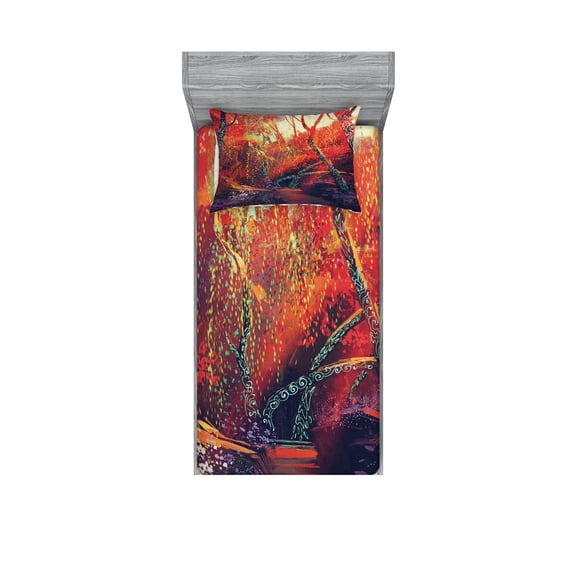 Ambesonne Landscape Fitted Sheet & Pillow Sham Set, Autumn Fall Scenery, Twin, Orange Purple