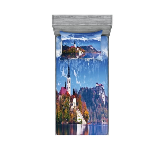 Ambesonne Landscape Fitted Sheet & Pillow Sham Set, Bled Slovenia Lake, Twinxl, Multicolor