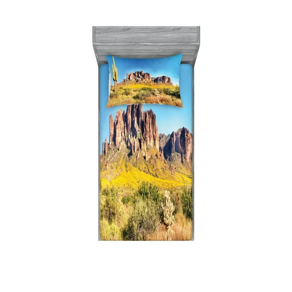 Ambesonne Landscape Fitted Sheet & Pillow Sham Set, Blooming Mountain, Twin, Orange and Brown