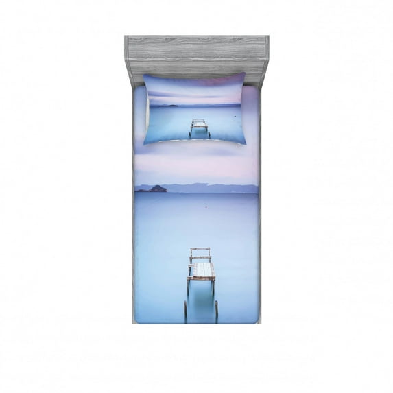 Ambesonne Landscape Fitted Sheet & Pillow Sham Set, Bolsena Lake in Italy, Twinxl, Pale Blue Lilac