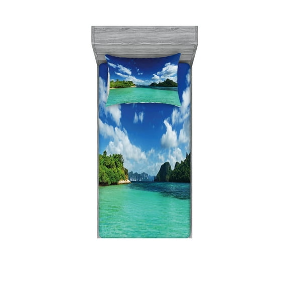 Ambesonne Landscape Fitted Sheet & Pillow Sham Set, Botanic Sea Mountain, Twinxl, Turquoise Blue Green