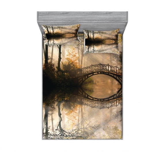 Ambesonne Landscape Fitted Sheet & Pillow Sham Set, Bridge River Forest, Queen, Multicolor