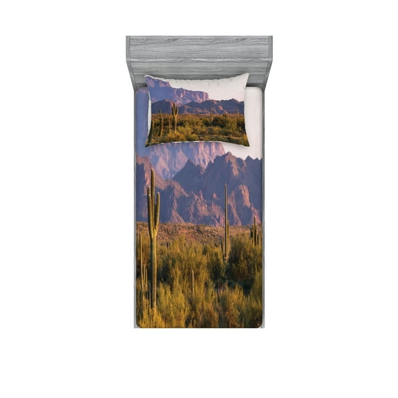 Ambesonne Landscape Fitted Sheet & Pillow Sham Set, Cactus Mountain in Spring, Twinxl, Brown Green