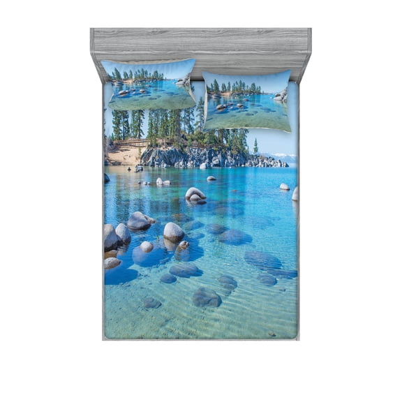 Ambesonne Landscape Fitted Sheet & Pillow Sham Set, Calm Still Water Rocks, Queen, Blue Grey Green