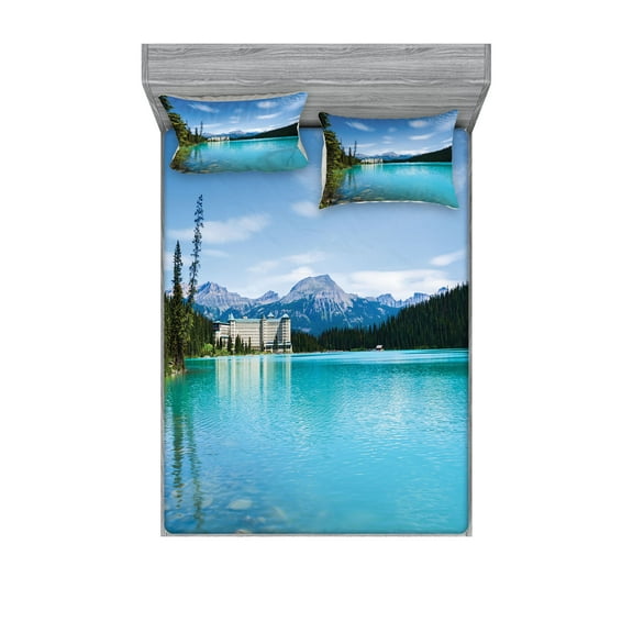 Ambesonne Landscape Fitted Sheet & Pillow Sham Set, Canadian Lake Castle, Full, Turquoise Green