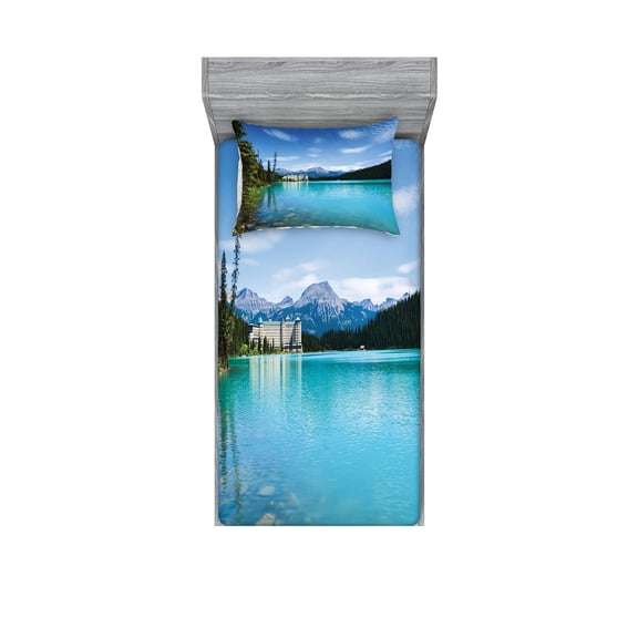 Ambesonne Landscape Fitted Sheet & Pillow Sham Set, Canadian Lake Castle, Twinxl, Turquoise Green