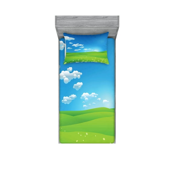 Ambesonne Landscape Fitted Sheet & Pillow Sham Set, Cartoon Valley Scene, Twin, Blue White Green