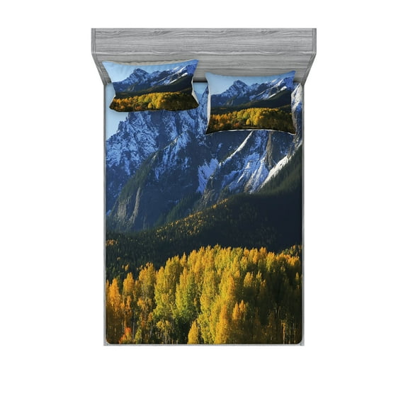 Ambesonne Landscape Fitted Sheet & Pillow Sham Set, Colorado Village, Queen, Green Blue