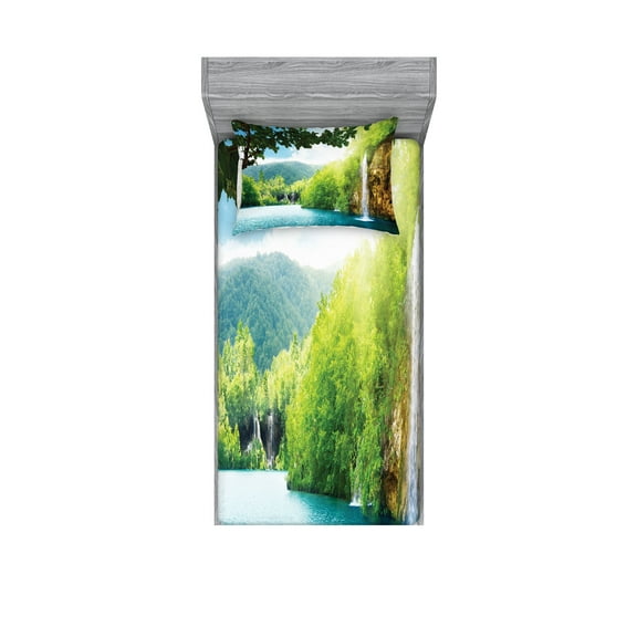 Ambesonne Landscape Fitted Sheet & Pillow Sham Set, Crotian Lake Forest, Twin, Green and Blue