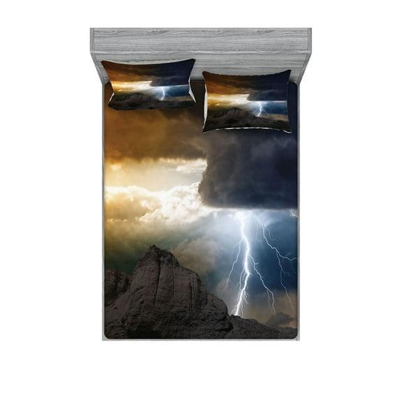 Ambesonne Landscape Fitted Sheet & Pillow Sham Set, Dark Clouds Mountain, Full, Grey Orange