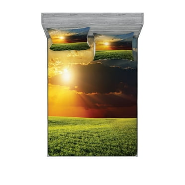 Ambesonne Landscape Fitted Sheet & Pillow Sham Set, Dark Clouds Sunset, Queen, Green Yellow