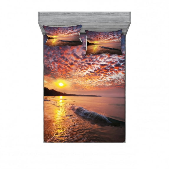 Ambesonne Landscape Fitted Sheet & Pillow Sham Set, Dawn at Beach Seaside, Queen, Orange Mauve Blue