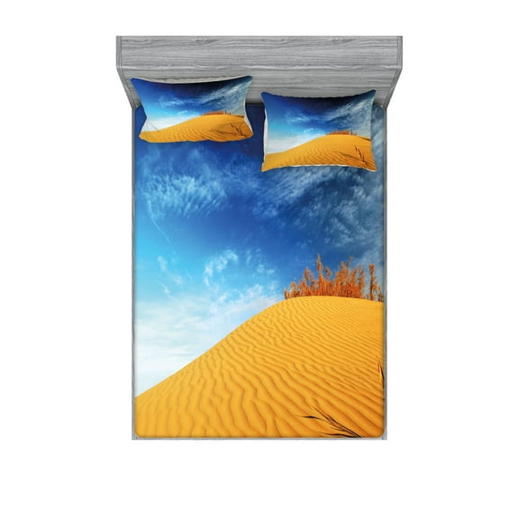 Ambesonne Landscape Fitted Sheet & Pillow Sham Set, Desert Sand Dunes, Queen, Blue and Apricot