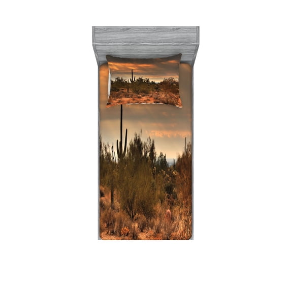 Ambesonne Landscape Fitted Sheet & Pillow Sham Set, Dramatic Shady Desert, Twinxl, Orange Green